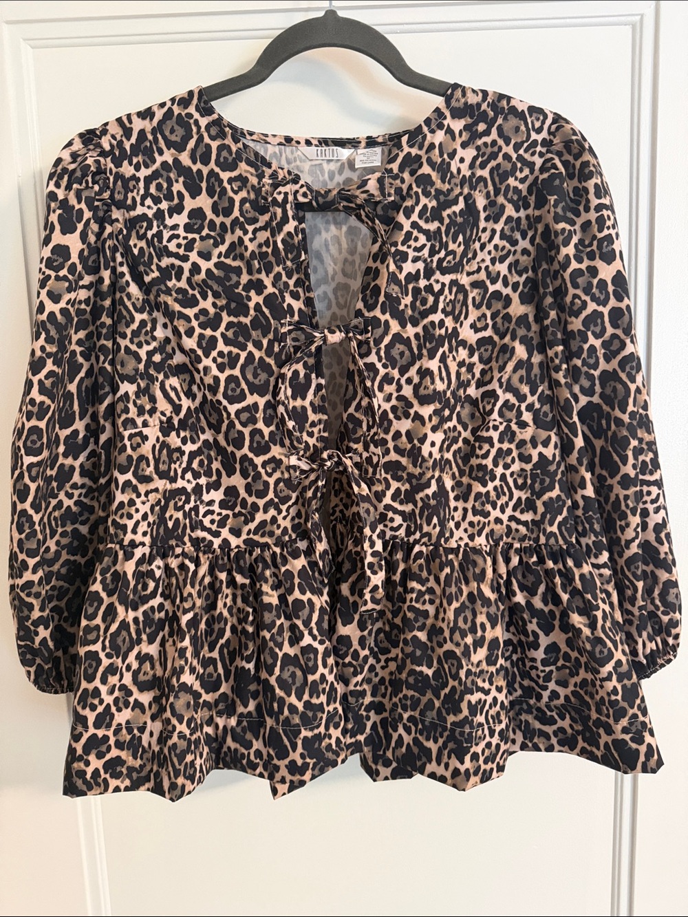 Kaktus Leopard Tie-Front Peplum Blouse - Beige & Black